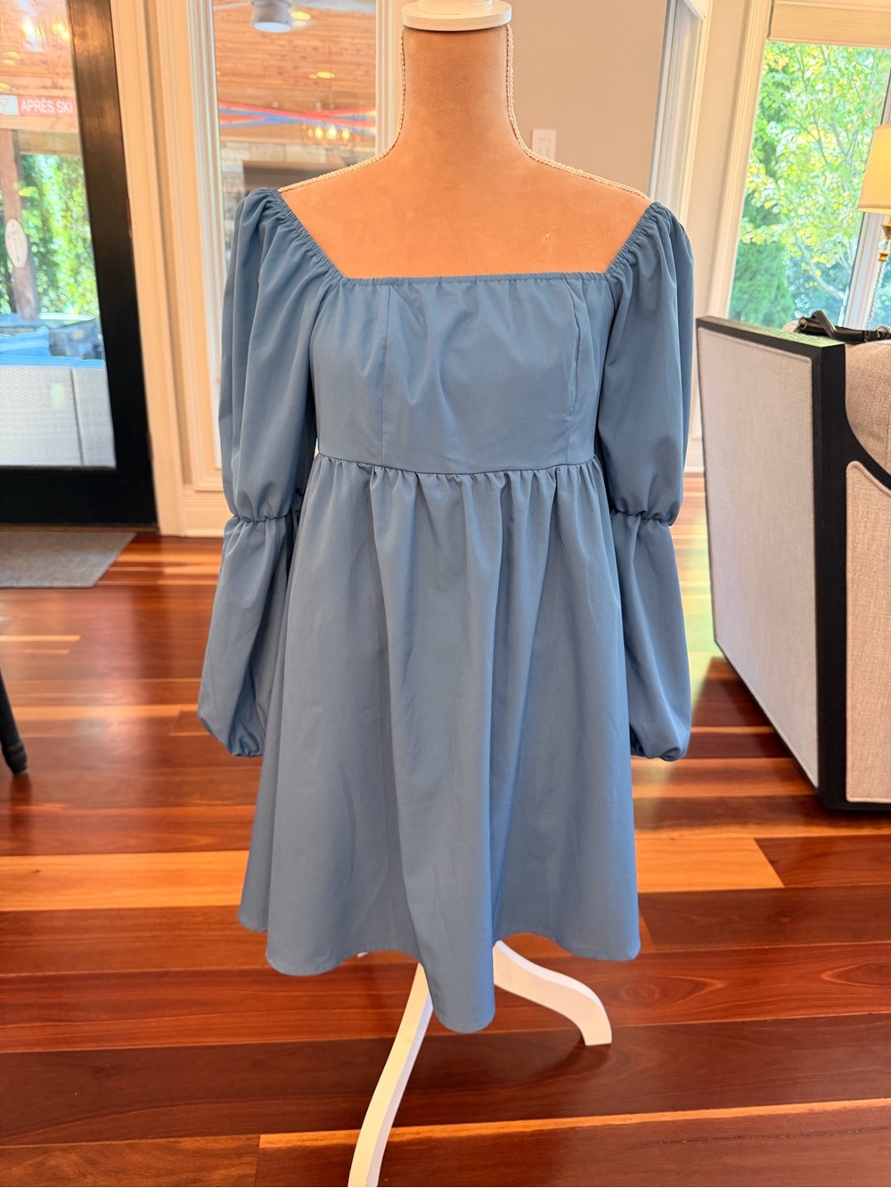Square-Neck Puff Sleeve Casual Dress in Dusty Blue